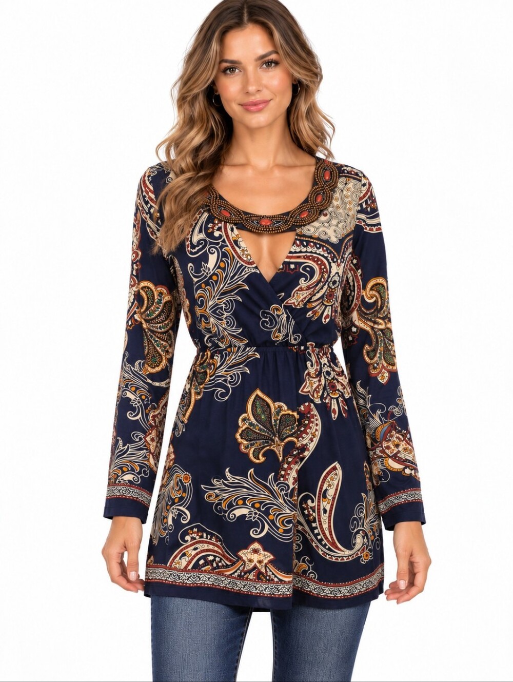VENUS Paisley Beaded Embellished Tunic Top Navy Long Sleeve Medium